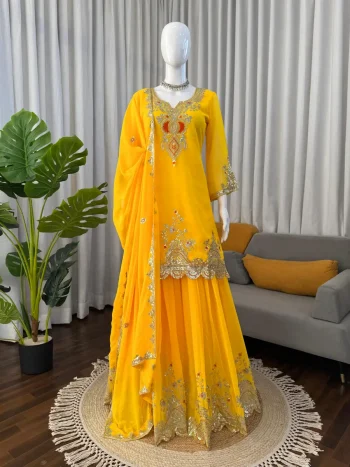 MODERN GEORGETTE THREAD WITH SEQUENCE WORK TOP PALAZZO WITH DUPATTA YELLOW