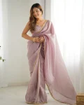 MODERN GOLD CRUSH PLAIN WITH FANCY LACE BORDER WORK READY TO WEAR SAREE WITH STITCHED BLOUSE LAVENDER