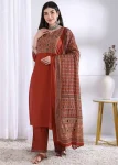 MODERN RAYON PRINTED WORK TOP BOTTOM WITH DUPATTA ORANGE
