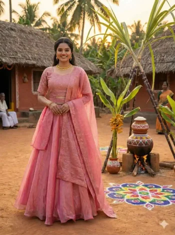 MODERN SPACE SILK SEQUENCE EMBROIDERY WORK LEHENGA CHOLI DUPATTA WITH EXTRA FRILL BABY PINK