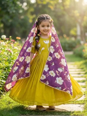 MODERN VICHITRA SILK HAND PAINTED WHIT MAGGAM WORK KID'S GOWN WITH DUPATTA LEMON