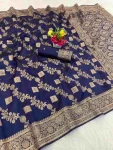 NEW ARRIVAL BANARASI SILK FLOWERS AND MINA & ZARI WEAVING WORK SAREE WITH UNSTITCHED BLOUSE NAVY BLUE