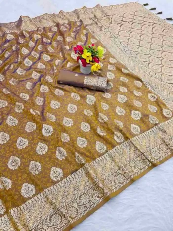 NEW ARRIVAL BANARASI SILK GOLDEN ZARI BUTTI WEAVING WORK SAREE WITH UNSTITCHED BLOUSE MUSTRAD