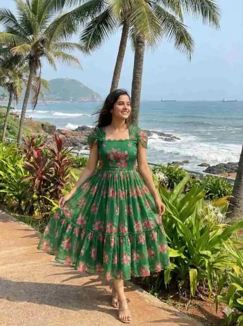 NEW ARRIVAL CHANDERI FLORAL PRINTED WORK ONE PIECE  GREEN