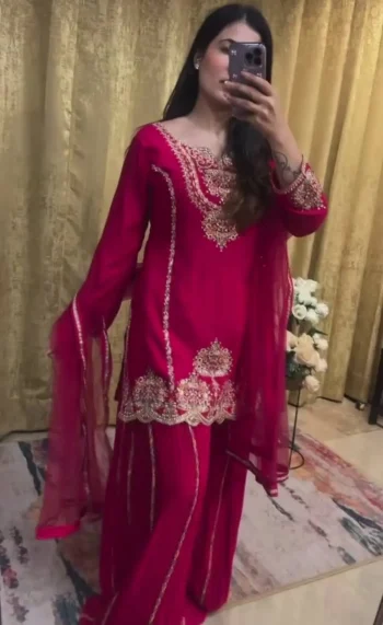 NEW ARRIVAL CHINON EMBROIDERY SEQUENCE WORK TOP PALAZZO WITH DUPATTA PINK