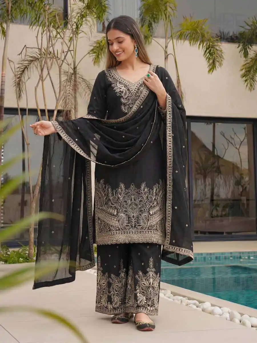 2NEW ARRIVAL CHINON SILK EMBROIDERY SEQUENCE CODING ZARI WORK TOP PALAZZO WITH DUPATTA FESTIVE WEAR WHOLESALE PRICE ETHNIC GARMENT (11)