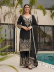 NEW ARRIVAL CHINON SILK EMBROIDERY SEQUENCE CODING ZARI WORK TOP PALAZZO WITH DUPATTA BLACK