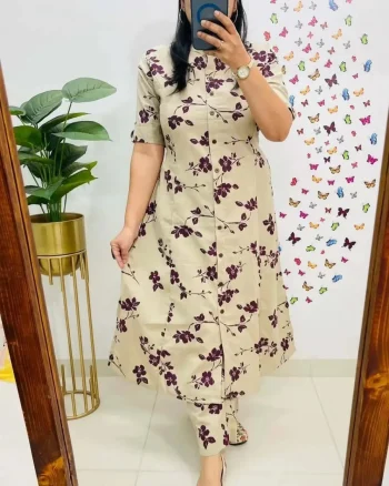 NEW ARRIVAL COTTON BLEND PRINTED WORK TOP BOTTOM SET CREAM AND PURPLE