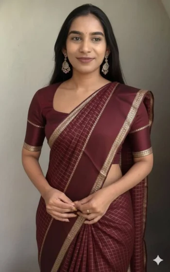 NEW ARRIVAL GEORGETTE CHECKS WEAVING AND STUNNING SATIN PATTA BORDER WORK SAREE WITH UNSTITCHED BLOUSE BROWN