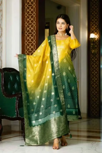 RICH LOOK CHANDERI COTTON WEAVING WORK TOP BOTTOM WITH DUPATTA GREEN AND YELLOW