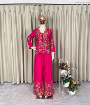 RICH LOOK CHINON SEQUENCE EMBROIDERY WORK BLOUSE KOTI WITH PALAZZO PINK