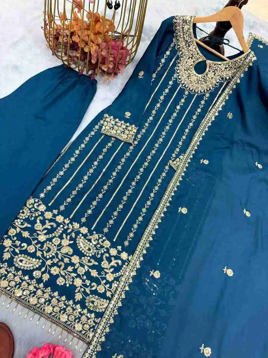 2RICH LOOK CHINON SILK EMBROIDERY SEQUENCE WORK WITH RIVET MOTI WORK TOP BOTTOM WITH DUPATTA FESTIVE WEAR WHOLESALE PRICE ETHNIC GARMENT (15)
