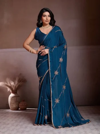 RICH LOOK CRUSH SILK BEADS EMBROIDERY WORK SAREE WITH UNSTITCHED BLOUSE TEAL