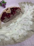 RICH LOOK FENDY SATIN EMBROIDERY 3 MM SEQUENCE WORK HEAVY BORDER WITH BUTTI WORK SAREE WITH STITCHED BLOUSE OFF WHITE