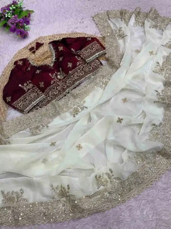 RICH LOOK FENDY SATIN EMBROIDERY 3 MM SEQUENCE WORK HEAVY BORDER WITH BUTTI WORK SAREE WITH STITCHED BLOUSE OFF WHITE