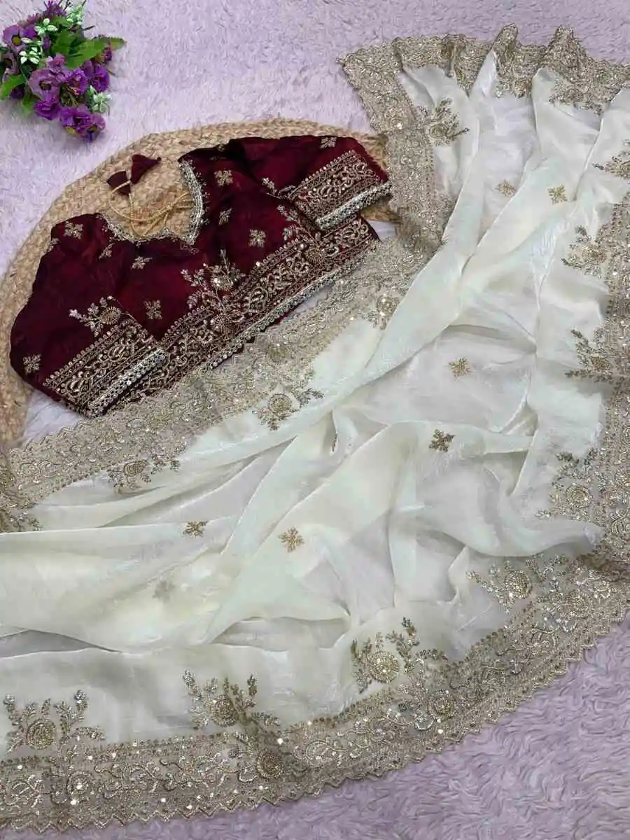 2RICH LOOK FENDY SATIN EMBROIDERY 3 MM SEQUENCE WORK HEAVY BORDER WITH BUTTI WORK SAREE WITH STITCHED BLOUSE WEDDING WEAR WHOLESALE PRICE ETHNIC GARMENT (7).jpg.webp