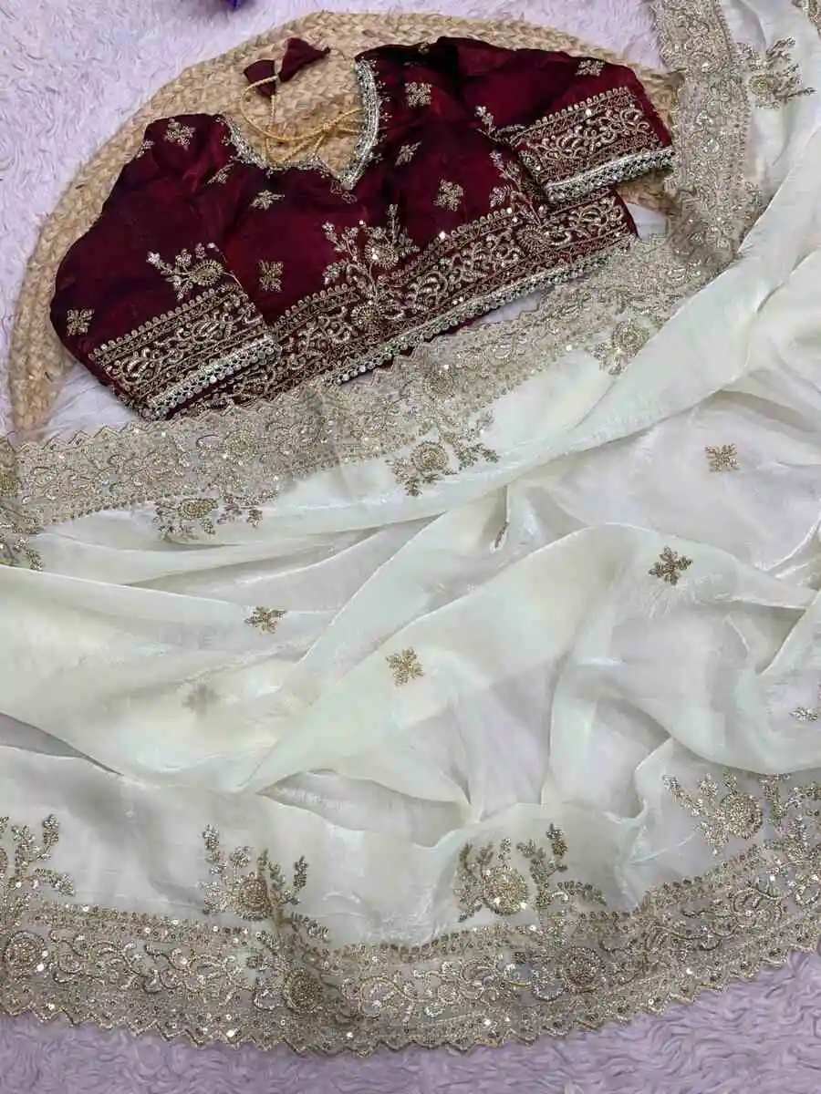 2RICH LOOK FENDY SATIN EMBROIDERY 3 MM SEQUENCE WORK HEAVY BORDER WITH BUTTI WORK SAREE WITH STITCHED BLOUSE WEDDING WEAR WHOLESALE PRICE ETHNIC GARMENT (8).jpg.webp