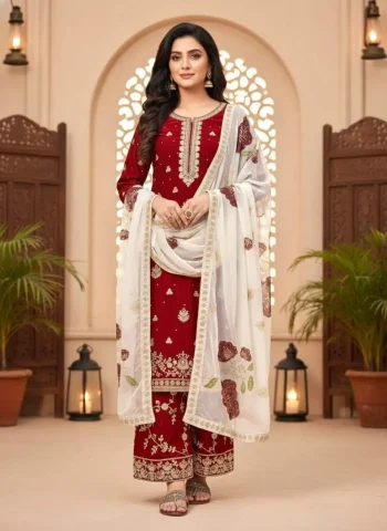 RICH LOOK FENDY SILK EMBROIDERY SEQUENCE WORK WITH RIVET MOTI WORK TOP PALAZZO WITH DUPATTA MAROON