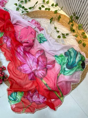 RICH LOOK ORGANZA FLORAL PRINTS WITH BEADS AND KATDANA HANDWORK SAREE WITH UNSTITCHED BLOUSE RED