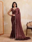 RICH LOOK RANGOLI SILK EMBROIDERY CUTWORK WORK LACE BORDER WORK SAREE WITH UNSTITCHED BLOUSE BROWN