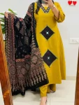 RICH LOOK RAYON APPLIQ WORK TOP BOTTOM WITH DUPATTA YELLOW