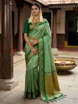 RICH LOOK SILK ZARI JACQUARD BORDER SWAN WITH MEENA & SAREE BODY IN SILVER & GOLD ZARI FLOWER BUTTI WORK SAREE WITH UNSTITCHED BLOUSE PISTA