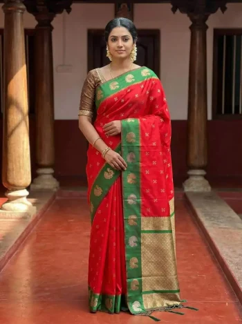 RICH LOOK SOFT SILK ZARI WORK COPPER & SILVER FANCY BUTTI WITH SATIN BORDER WORK SAREE WITH UNSTITCHED BLOUSE RED