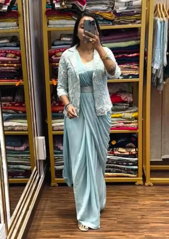 TRENDING CHINON EMBROIDERY SEQUENCE WORK READY TO WEAR SAREE STITCHED BLOUSE AND KOTI SKY