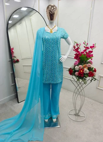 TRENDING GEORGETTE EMBROIDERY SEQUENCE WORK TOP PALAZZO WITH DUPATTA SKY