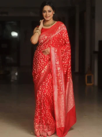 TRENDING LICHI SILK RICH PALLU & JACQUARD WORK SAREE WITH UNSTITCHED BLOUSE RED