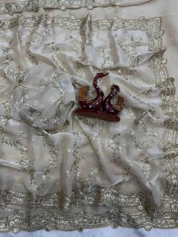 TRENDING SPACE SILK SEQUENCE EMBROIDERY WORK SAREE WITH UNSTITCHED BLOUSE WHITE