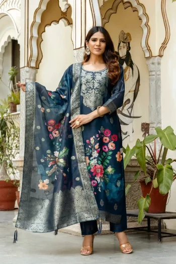 NEW ARRIVAL CHANDERI COTTON JACQUARD WORK TOP BOTTOM WITH DUPATTA TEAL