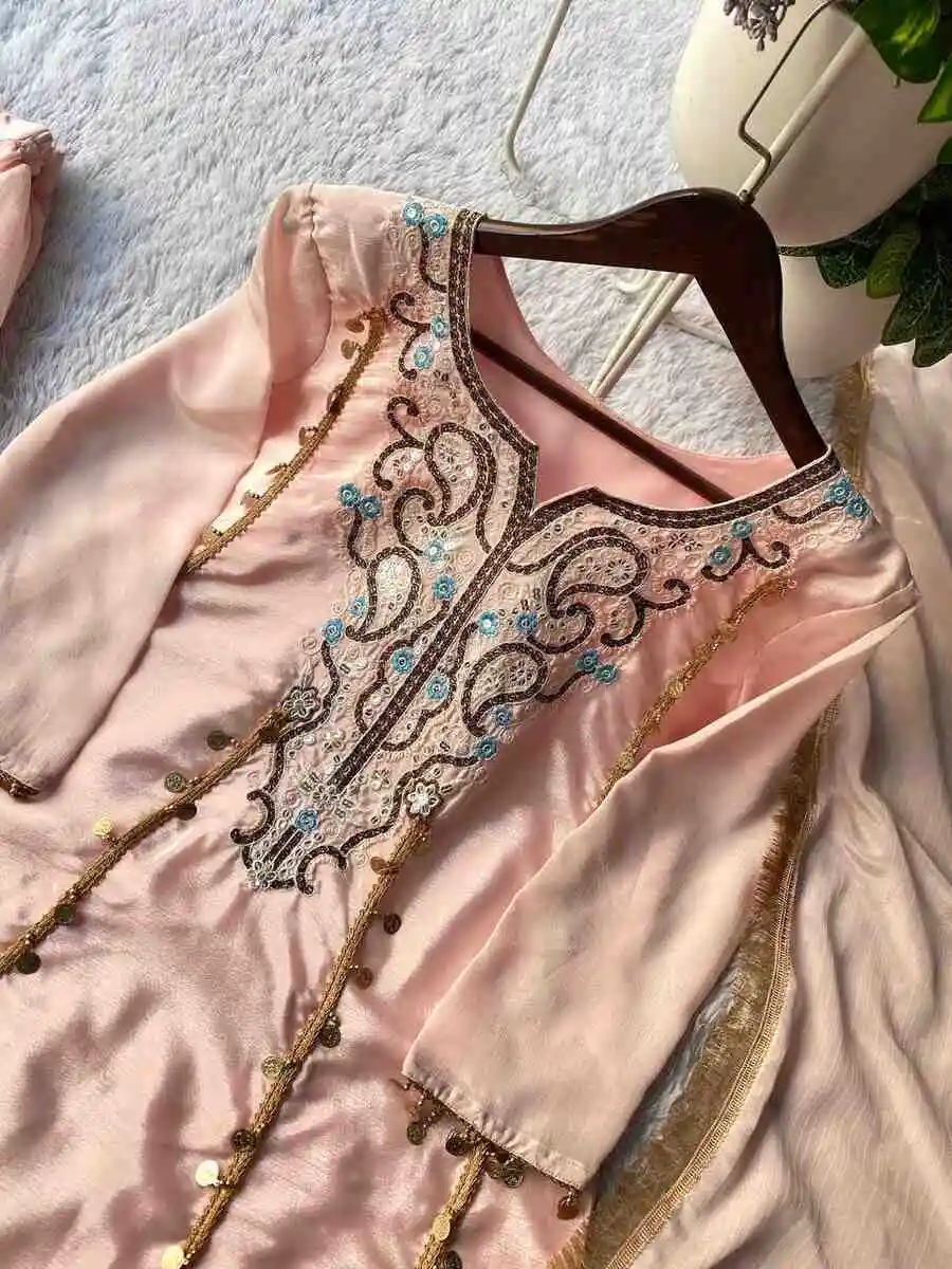 32MODERN CHINON SEQUENCE EMBROIDERY WORK GOLDEN COIN LACE WORK TOP PALAZZO WITH DUPATTA FESTIVE WEAR WHOLESALE PRICE ETHNIC GARMENT (3)