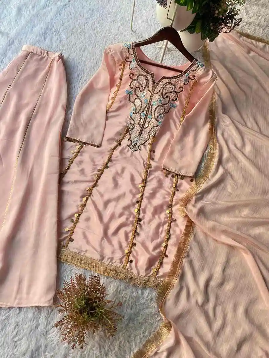 32MODERN CHINON SEQUENCE EMBROIDERY WORK GOLDEN COIN LACE WORK TOP PALAZZO WITH DUPATTA FESTIVE WEAR WHOLESALE PRICE ETHNIC GARMENT (4)