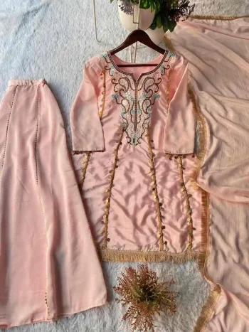 MODERN CHINON SEQUENCE EMBROIDERY WORK GOLDEN COIN LACE WORK TOP PALAZZO SET PEACH