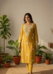 FANCY KHADI COTTON EMBROIDERY WORK TOP BOTTOM SET YELLOW