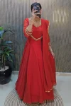 MODERN GEORGETTE HAND WOVEN LACE WORK GOWN WITH DUPATTA RED