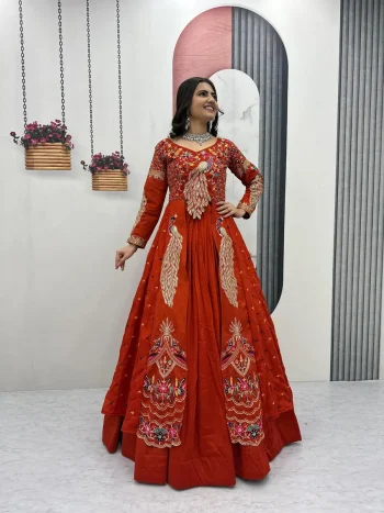 RICH LOOK VICHITRA SILK THREAD AND SEQUENCE WORK TOP LEHENGA WITH KOTI ORANGE