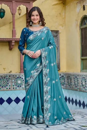 MODERN PURE SILK THREAD & SEQUENCE EMBROIDERY WORK SAREE WITH UNSTITCHED BLOUSE RAMA