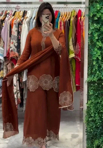 MODERN RANGOLI BEADS WORK TOP PALAZZO WITH DUPATTA ORANGE