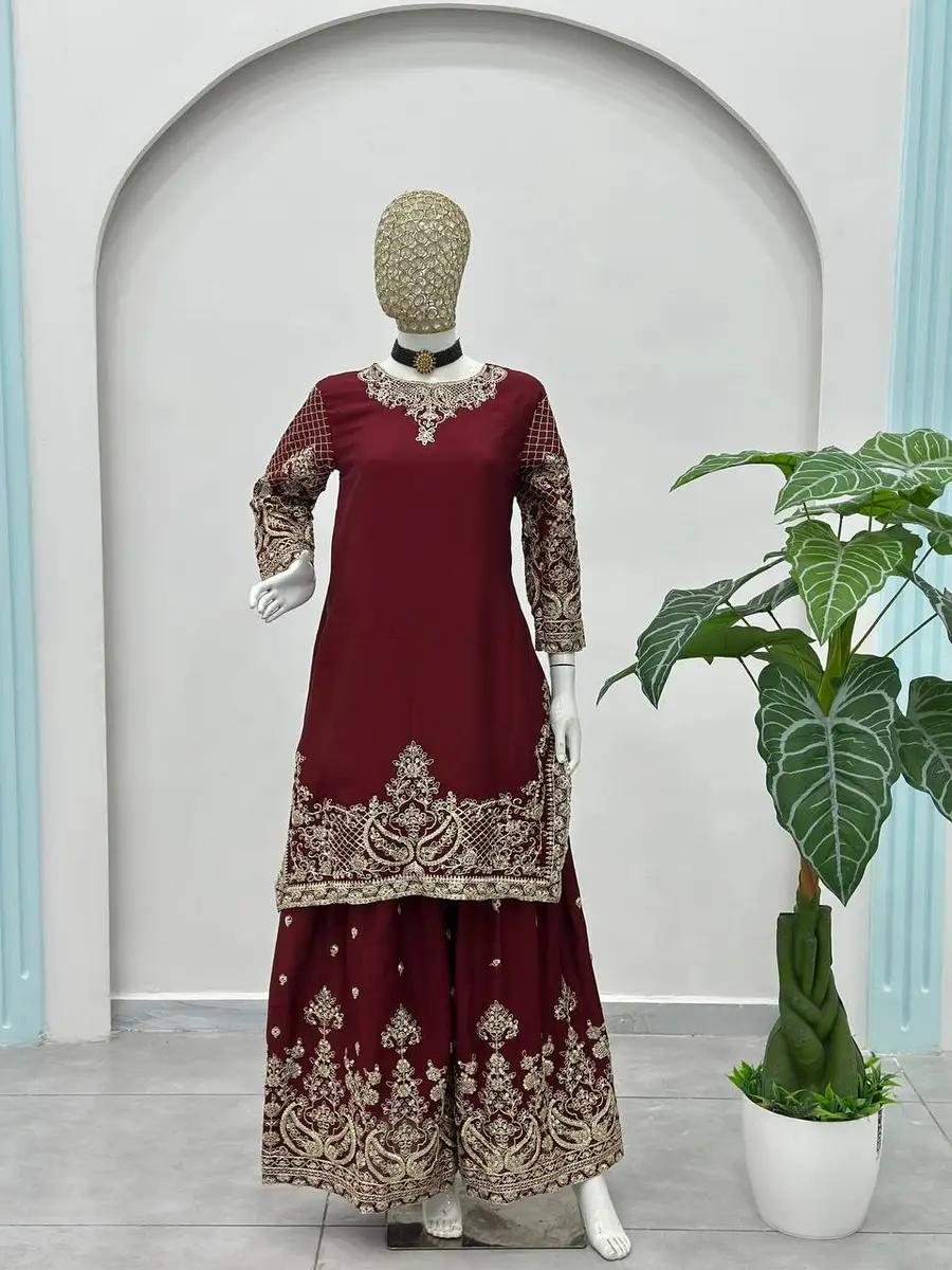 3ATTRACTIVE CHINON SILK EMBROIDERY CODING SEQUENCE ZARI WORK TOP PALAZZO WITH DUPATTA FESTIVE WEAR WHOLESALE PRICE ETHNIC GARMENT (45)