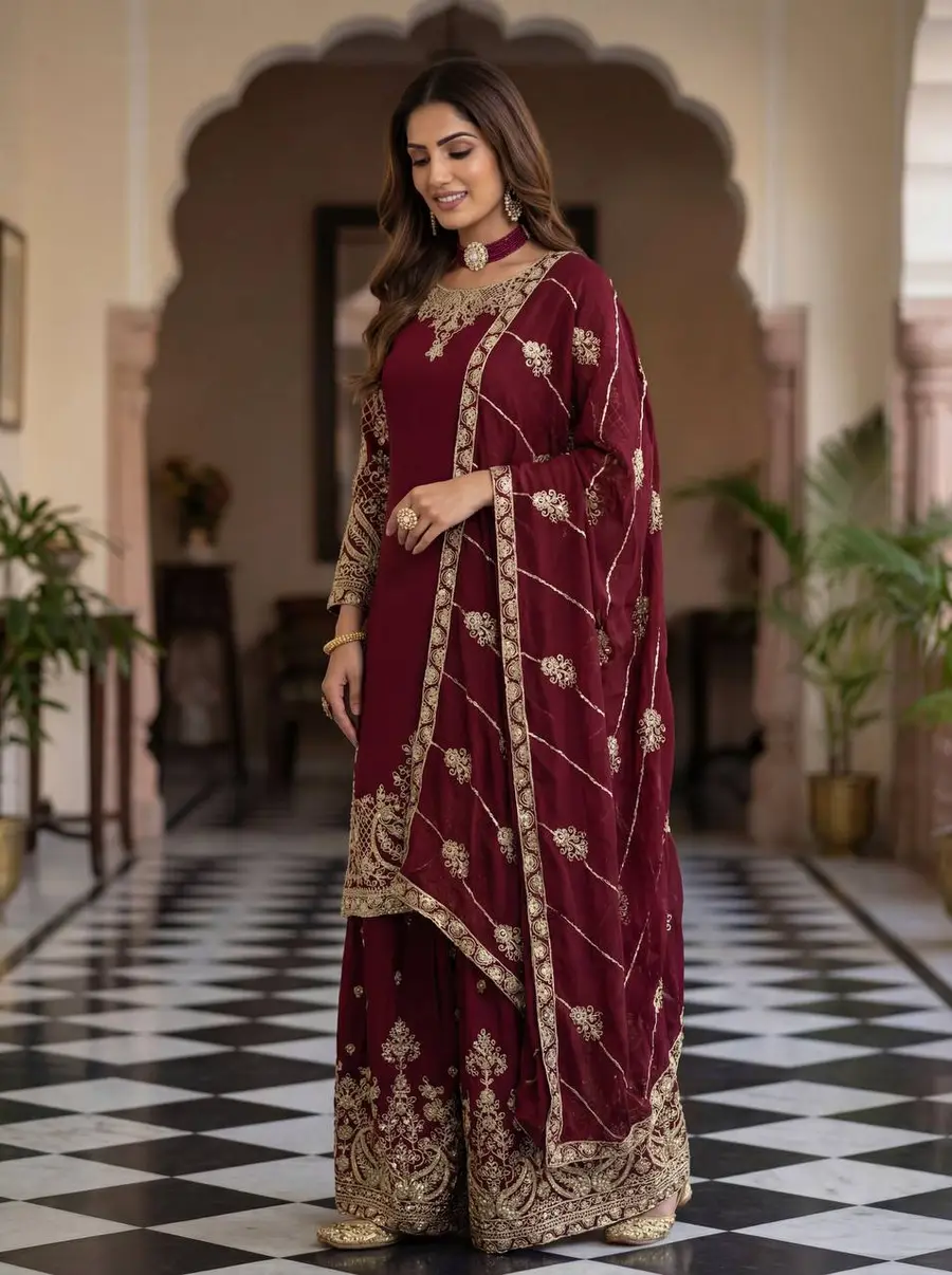 3ATTRACTIVE CHINON SILK EMBROIDERY CODING SEQUENCE ZARI WORK TOP PALAZZO WITH DUPATTA FESTIVE WEAR WHOLESALE PRICE ETHNIC GARMENT (48)