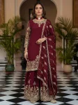 ATTRACTIVE CHINON SILK EMBROIDERY CODING SEQUENCE ZARI WORK TOP PALAZZO WITH DUPATTA MAROON