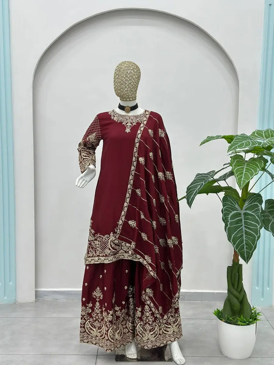 3ATTRACTIVE CHINON SILK EMBROIDERY CODING SEQUENCE ZARI WORK TOP PALAZZO WITH DUPATTA FESTIVE WEAR WHOLESALE PRICE ETHNIC GARMENT (52)