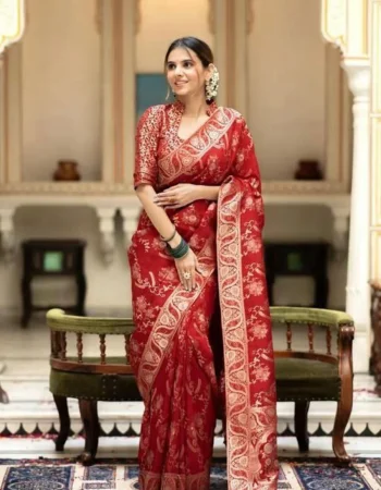 ATTRACTIVE LICHI SILK JACQUARD WORK SAREE WITH UNSTITCHED BLOUSE RED