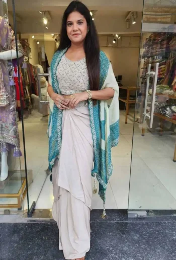 DESIGNER CREEP SILK EMBROIDERY SEQUENCE WITH REAL MIRROR WORK DRAPE SKIRT BLOUSE AND SHRUG SKY