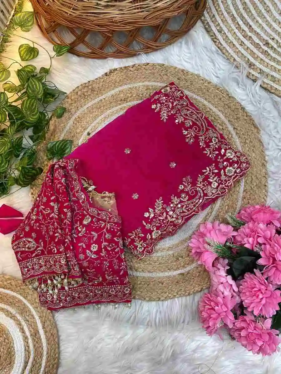 3DESIGNER FENDY SATIN EMBROIDERY SEQUENCE WORK HEAVY BORDER WITH BUTTI WORK SAREE WITH STITCHED BLOUSE WEDDING WEAR WHOLESALE PRICE ETHNIC GARMENT (8)