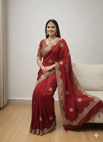 DESIGNER FENDY SATIN EMBROIDERY WORK HEAVY BORDER WITH BUTTA WORK SAREE WITH STITCHED BLOUSE MAROON