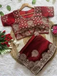 3DESIGNER FENDY SATIN EMBROIDERY WORK HEAVY BORDER WITH BUTTA WORK SAREE WITH STITCHED BLOUSE WEDDING WEAR WHOLESALE PRICE ETHNIC GARMENT (25)