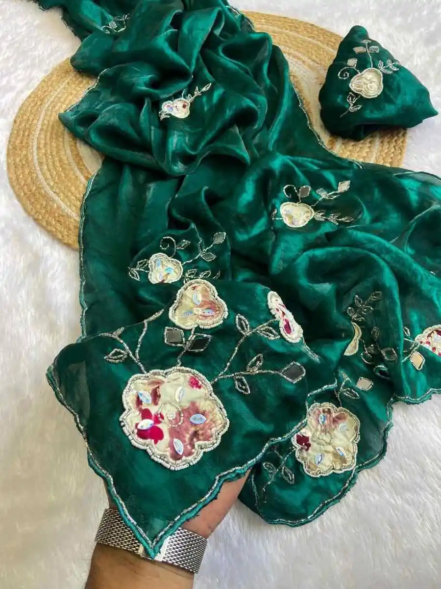 3DESIGNER FENDY SATIN HAND WORK AND PATCH WORK BUTTA WORK SAREE WITH UNSTITCHED BLOUSE WEDDING WEAR WHOLESALE PRICE ETHNIC GARMENT (11)